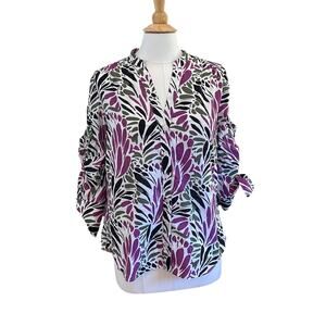 Chico's 1.5 Purple Tropical Floral Print 3/4 Sleeve V-Neck Button Down Shirt, 10
